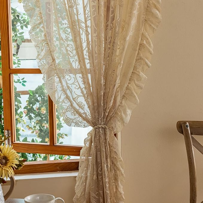 TUDECO Beige Lace Kitchen Curtains 45 Inch Length - Rustic Floral Half Cafe Short Lace Curtains, Small Voile Drapes for Small Bathroom Window Privacy Ruffle Edges Rod Pocket 2 Panels, 59 x 45 Inch