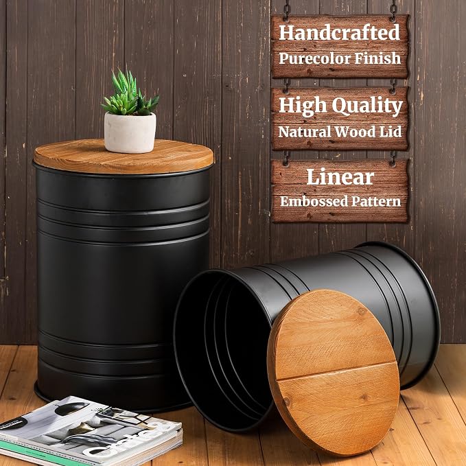 Glitzhome Rustic End Table Set of 2, Farmhouse Galvanized Metal Barrel Ottoman Storage Stool with Round Wood Lid for Living Room Furniture, Black