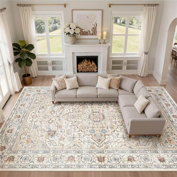 10x12 Area Rug Living Room: Washable Boho Large Neutral Vintage Soft Rugs Stain Resistant Farmhouse Non Slip Indoor Floor Carpet for Bedroom Nursery Kids Playroom Office Dining Room- Cream Blue