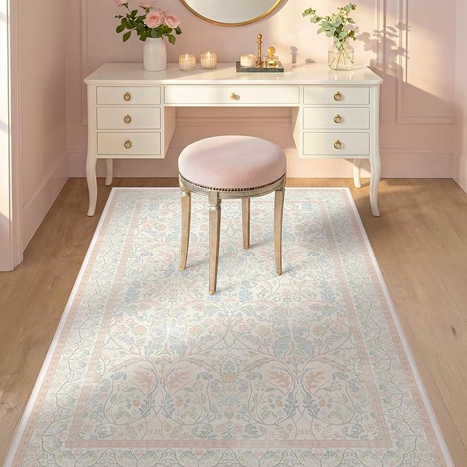 Cottagecore Floral 4x6 Pink and Blue Girls Vanity Rug - Washable Indoor Rugs for Bedroom, Entryway, Kitchen, Pastel Pink Reading Rug for Classroom, Nuresry, Non Skid & Low Pile Soft Carpet