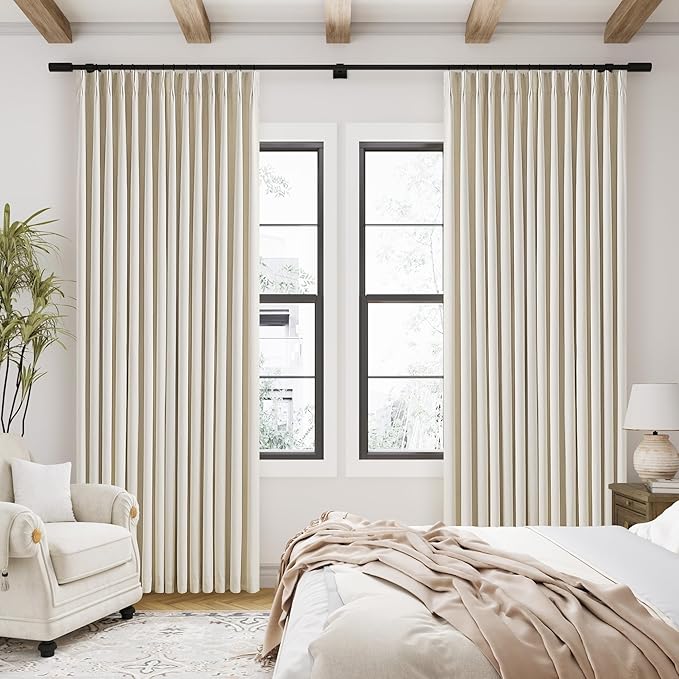 Cream Beige Linen Blackout Curtains Pinch Pleated 102 Inches Long for Bedroom Memory Shape Back Tab Flax Linen Curtains Blackout Farmhouse Full Light Blocking Thermal Insulated Drapes 2 Panels Set