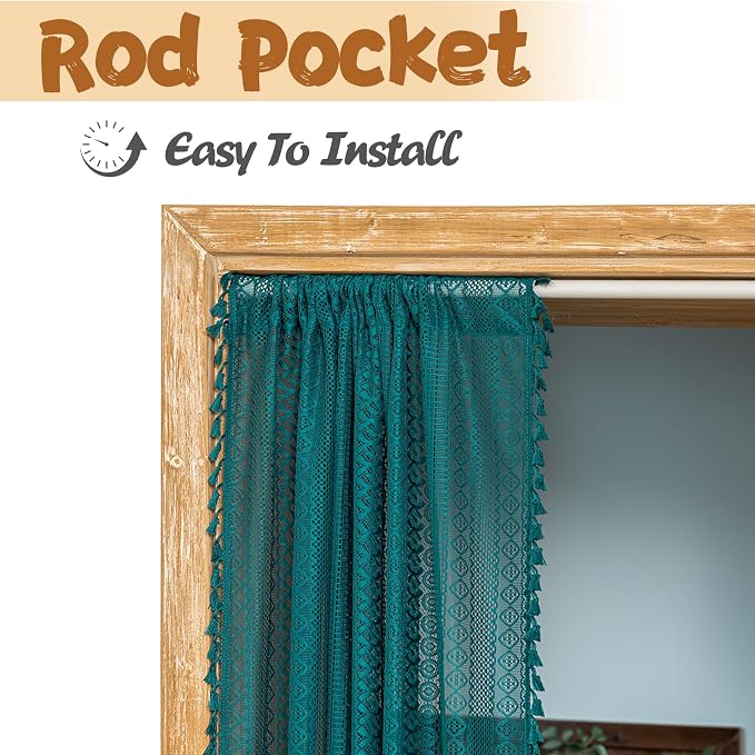 Sutuo Home Boho Sheer Doorway Curtain for Doorway Closet, Lace Door Curtain for Patio Front Door Crochet Vintage Tassels Bohemian Privacy Temporary Room Divider Rod Pocket,1 Panel 37" x 80" Teal