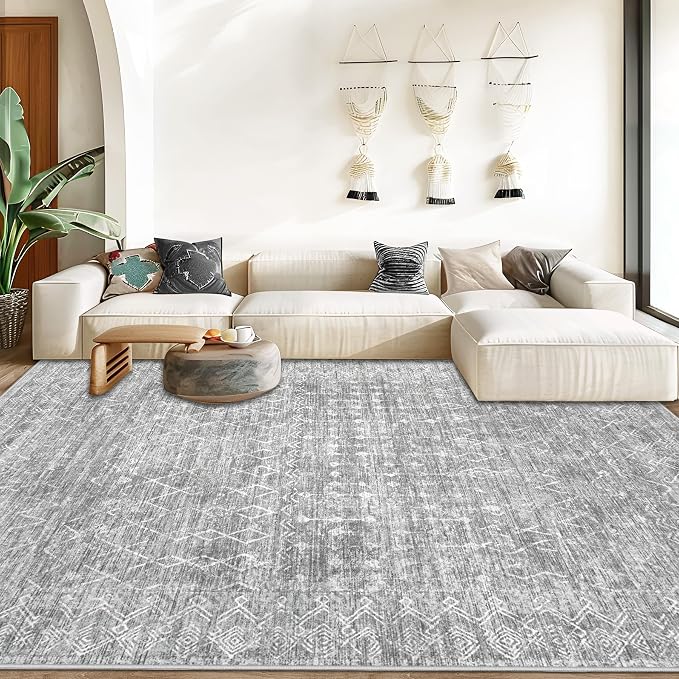 Area Rug Living Room Rugs 5x7 - Large Soft Boho Geometric Rugs, Non-Slip Foldable Washable Area Rug Non Shedding Morden Indoor Floor Carpet for Living Bedroom Office Dining Room (Moroccan Grey, 5'x7')