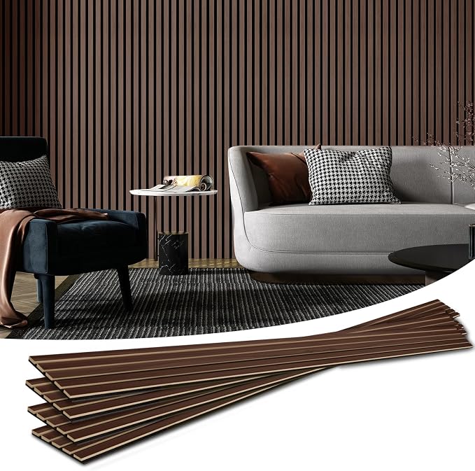 Art3d 4pcs-107 x 8in Slat Acoustic Panel for Wall and Ceiling, 3D Fluted Sound Absorbing Panel with Wood Finish, Dark Walnut