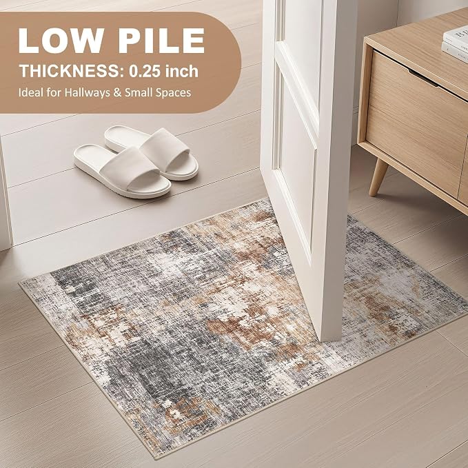 DMOYEST 2x3 Entryway Area Rug: Washable Neutral Modern Abstract Small Rug - Non-Slip Low Pile Throw Indoor Carpet for Entrance Kitchen Front Door Mat Bathroom Entry Kids Room - Grey Brown