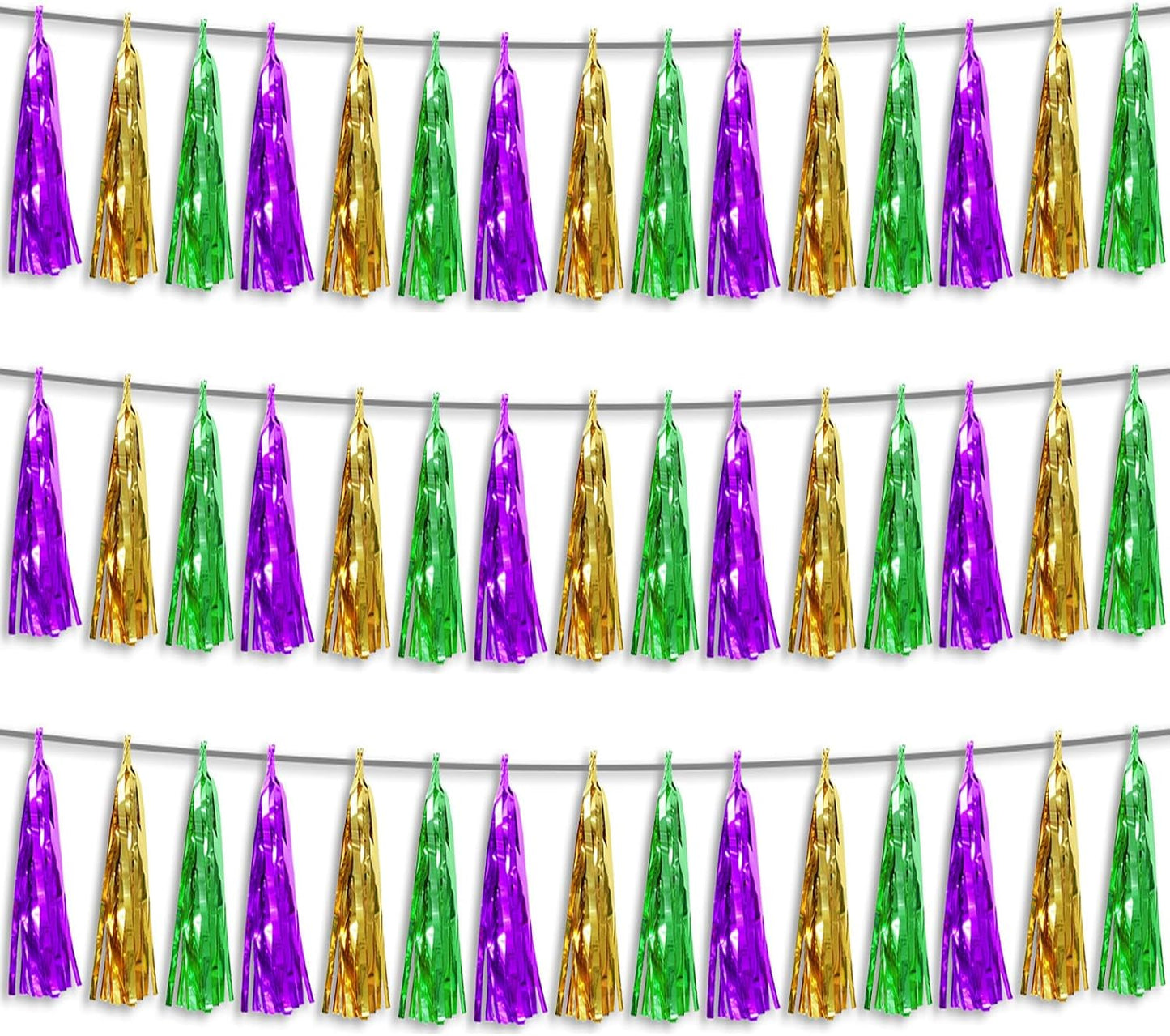 3P Purple Green Gold Foil Fringe Metallic Tassel Streamers Banner Tassel Garland for Parade Floats, Bachelorette, Wedding, Birthday, Halloween, Christmas, Bridal/Baby Shower Party Decorations
