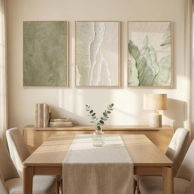Framed Abstract Sage Green 3 Piece Wall Art for Living Room, Modern Neutral Waves Botanical Canvas Artwork for Walls, Minimalist Wabi Sabi Rustic Nature Print Wall Decor for Bedroom Office, 16x24 Inch