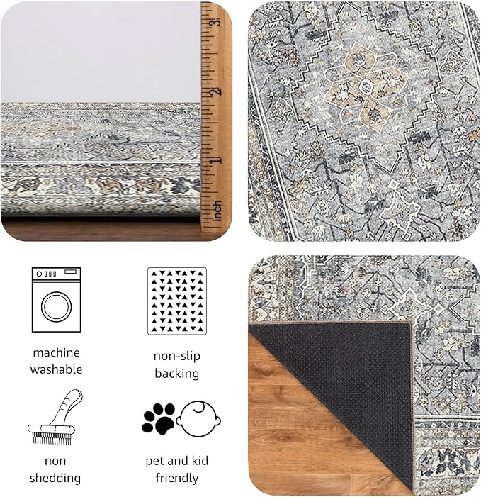 Keen Home Design 5x7 Rug - Machine Washable Area Rug with Non-Slip Backing, Ideal for Living Room, Dining Room, Bedroom - Vintage, Easy Clean, Durable, Low Pile Rug - (5' x 7')