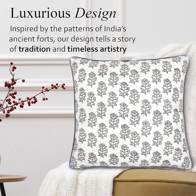 CPC 100% Cotton Throw Pillow Covers 18x18 Inch, Set of 2 Pink Block Print Pattern Couch Pillow, Cute Boho Decorative Pillows for Living Room, Bedroom with Hidden Zipper- Misty Grey Floral