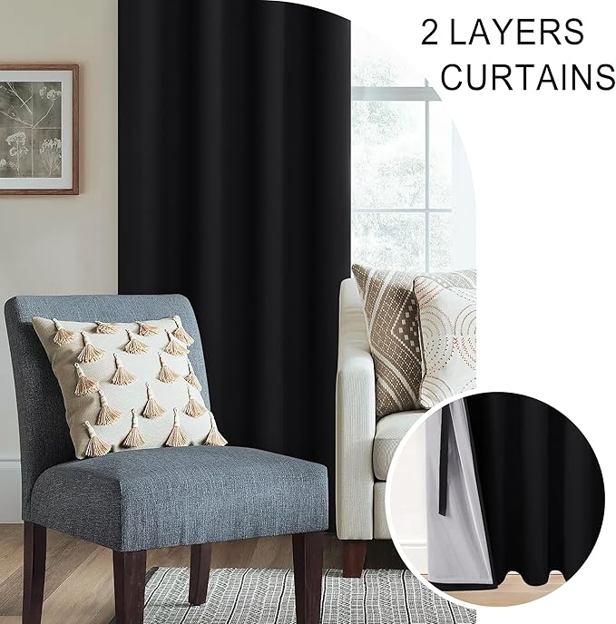 XWZO 100% Blackout Curtains 54 Inches Length with Tiebacks- Full Shade Thermal Insulated Double Layer with Black Liner for Bedroom/Living Room, Rod Pocket & Back Tab, Black, W52 x L54, Set of 2