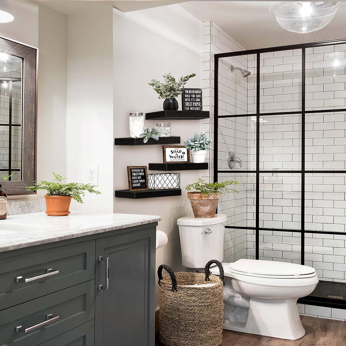 QEEIG Floating Shelves for Wall Bathroom Shelf Bedroom Kitchen Living Room Farmhouse Small Book Shelf 16 inch Set of 4, Black (015-B4)