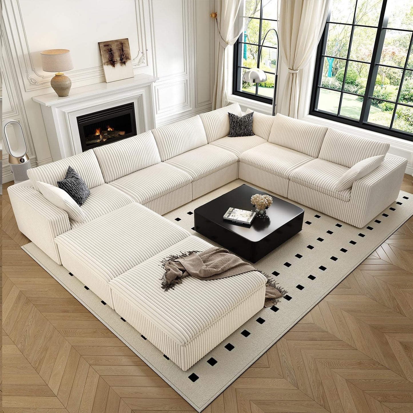 157.5" Cloud Couch Oversized Modular Sectional Sofa for Living Room,Modern Sofa with Deep Seat，8 Seater Boneless Couch with 2 Ottoman,Comfy Upholstered Couches for Apartment, Studio, Office,White