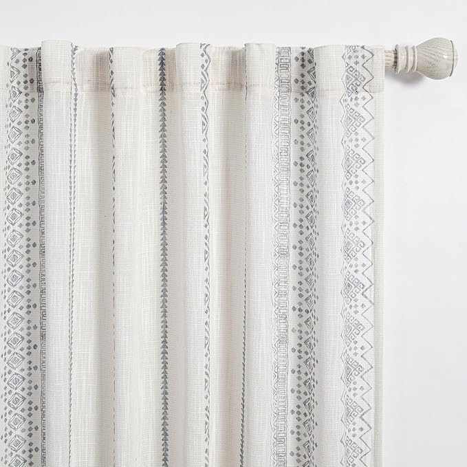 MEETSKY Light Filtering Curtains 95 Inches Long Boho Cotton Curtains for Dining Room Bohemian Geometric Printed Linen Style Burlap Effect Modern Back Tab Window Drapes for Home