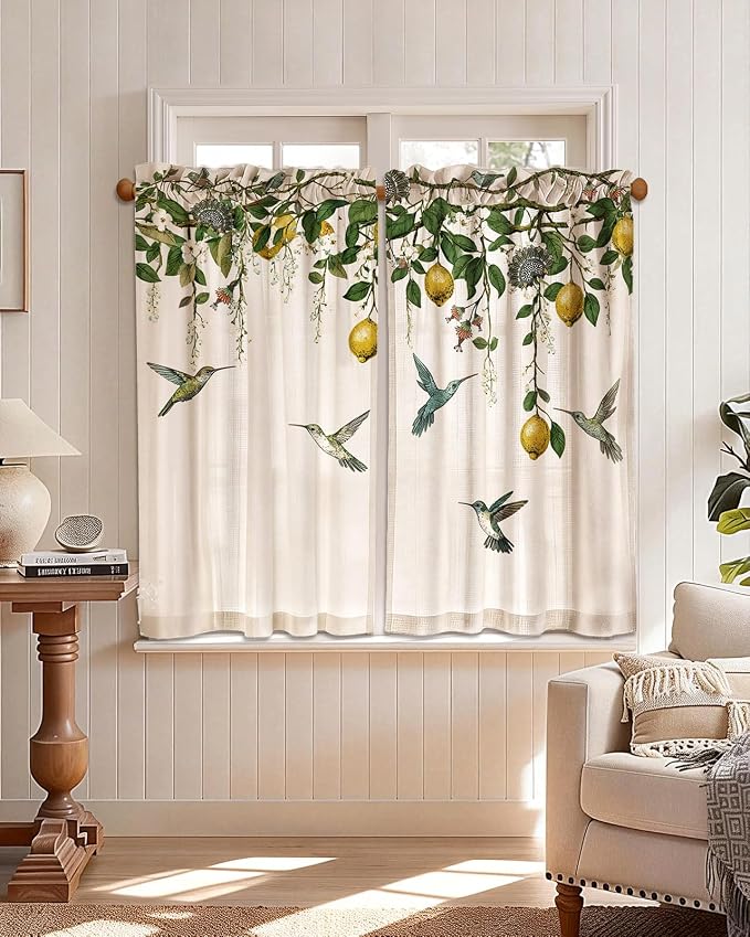Miss Adola Farmhouse Kitchen Tier Curtains - 45 Inch Length Linen Blend Vintage Cafe Curtains Lemon Bird Small Window Treatments Over Sink Rod Pocket for Bathroom Living Room Light Filtering, 2 Panels