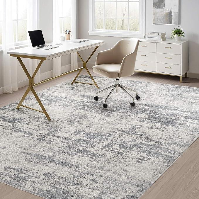 Abstract 8x11 Area Rug: Machine Washable Non Slip Ultra Thin Low-Pile Carpet, Soft Stain Resistant for Living Dining Room Bedroom, Kid Pet Friendly, Robot Vacuum Compatible - Dark Grey/Beige