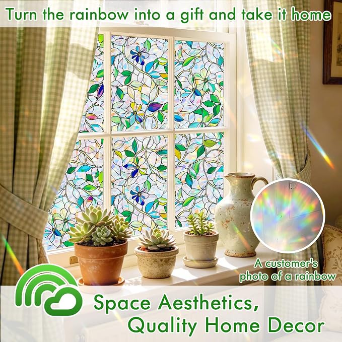 SOMWISE Rainbow Window Privacy Film,Heat Control,UV Blocking,Anti-Glare,Day & Night Privacy Protection & Decoration for Home, Bathroom,Glass Door,Static Cling,Renter-Friendly with Installation Tools