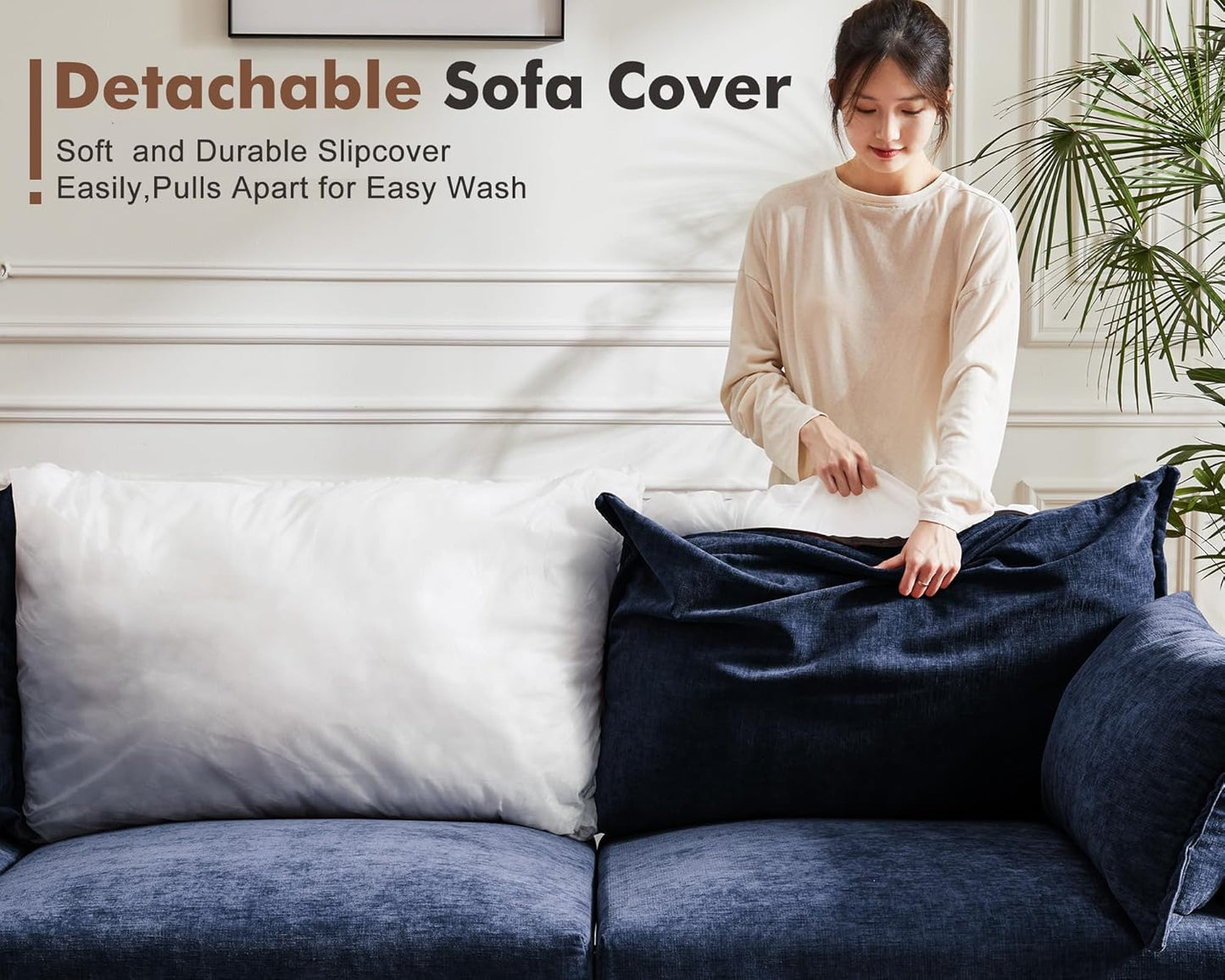 134.6" Modular Sectional Sofa, Oversized 4 Seater Blue Couch with Removable Chenille Fabric Cover, Deep Seat & High Backrest for Living Room, Office & Apartment