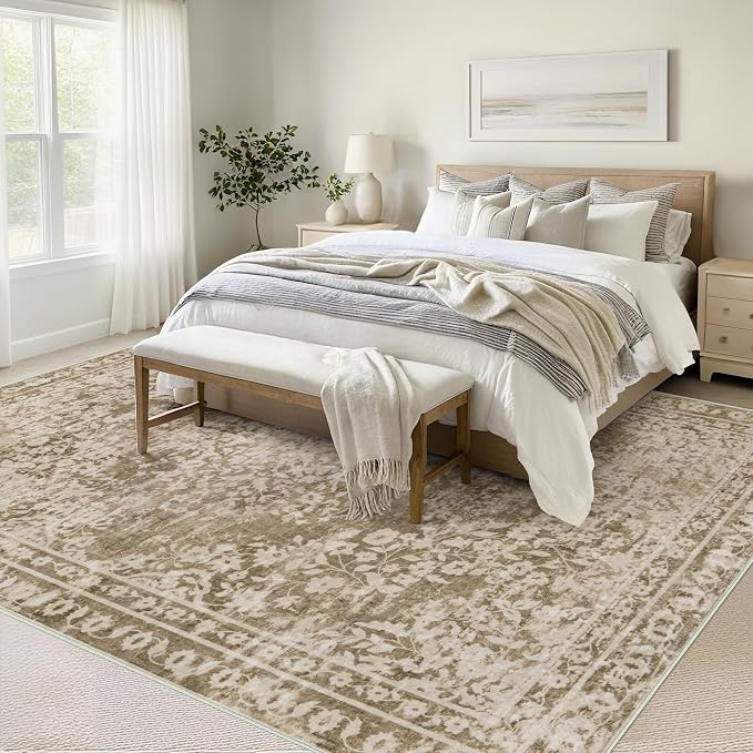 Vintage Living Room Area Rug - 9x12 Large Machine Washable Boho Area Rug Distressed Floral Rugs for Bedroom, Soft Non-Slip Indoor Floor Accent Rugs for Office Dining Room (Floral Brown, 9'x12')