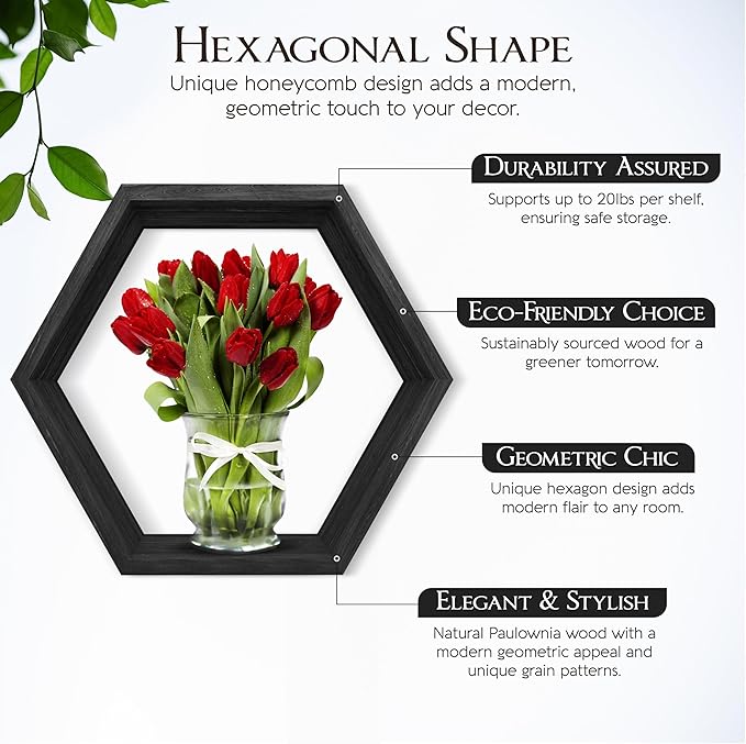 Hexagon Floating Shelves Set of 6 Honeycomb Shelves for Wall, Wooden Hexagon Shelves for Farmhouse Storage (Carbonized Black)