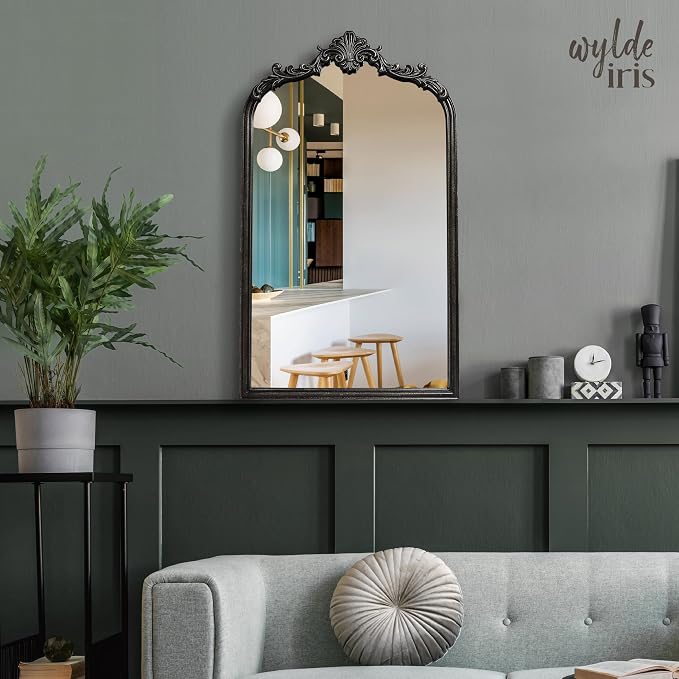 Wylde Iris English Estate Carved Arch Wood Wall Mirror, Mirror for Entryway, Living Room, Bathroom, Distressed Black, 20.4x33