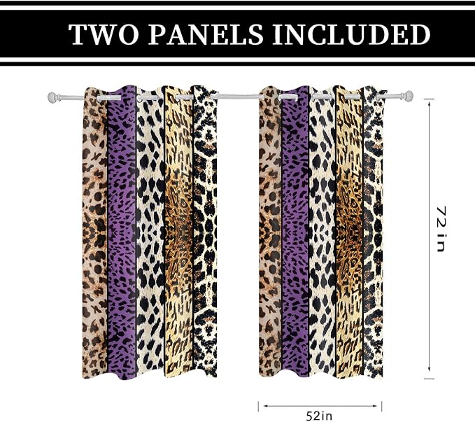Wild Animal Print Curtain, Room Darkening Thermal Insulated Blackout Leopard Boa Window Drapes with Grommets for Living, Dining, Bedroom, Purple Leopard Print, 52"x 72", 2 Panels