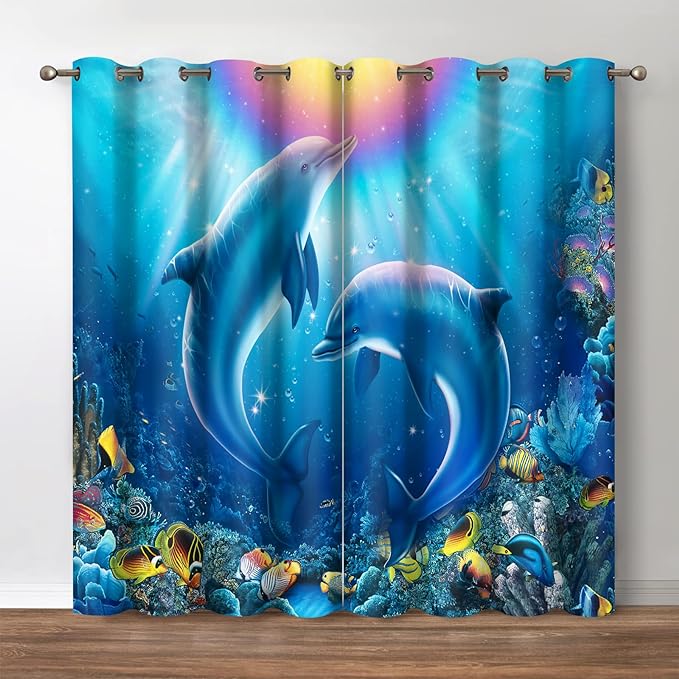 Jekeno Dolphin Ocean Blackout Window Curtains - Blue Underwater World Coral Tropical Sea Fish Landscape Blocking Drapes for Bedroom Living Room Decor Grommet Window Treatments 2 Panels Set,42"x 54"