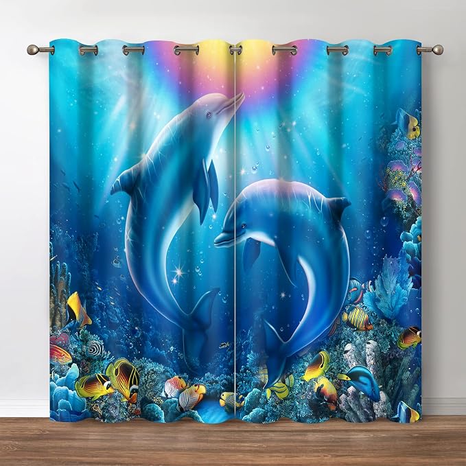 Jekeno Dolphin Ocean Blackout Window Curtains - Blue Underwater World Coral Tropical Sea Fish Landscape Blocking Drapes for Bedroom Living Room Decor Grommet Window Treatments 2 Panels Set,52"x 63"