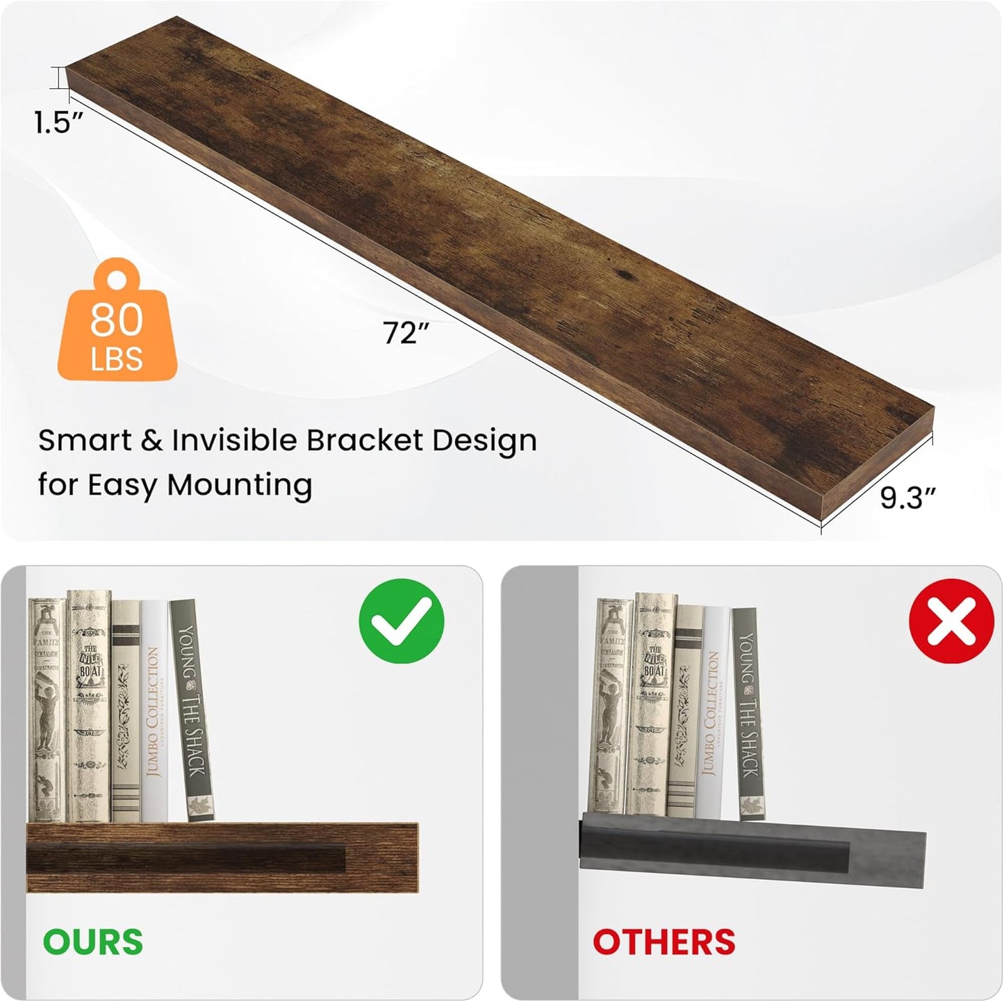 Floating Shelves for Wall, 72" W x 9.3" D x 1.5" H, Long Wooden Wall Mounted Display Shelf with Invisible Brackets for Living Room, Bedroom, Bathroom, Kitchen & Storage, Set of 1, Rustic Brown