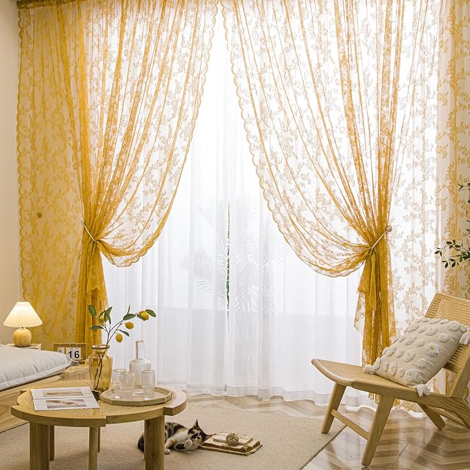 Sutuo Home Gold Lace Curtains Set of 2, Sheer Panels 45 Inch Length Floral Embroidery Vintage Voile Window Treatment Pair for Bedroom Living Room Kitchen, Shabby Chic Decor Rod Pocket, W57 x L45