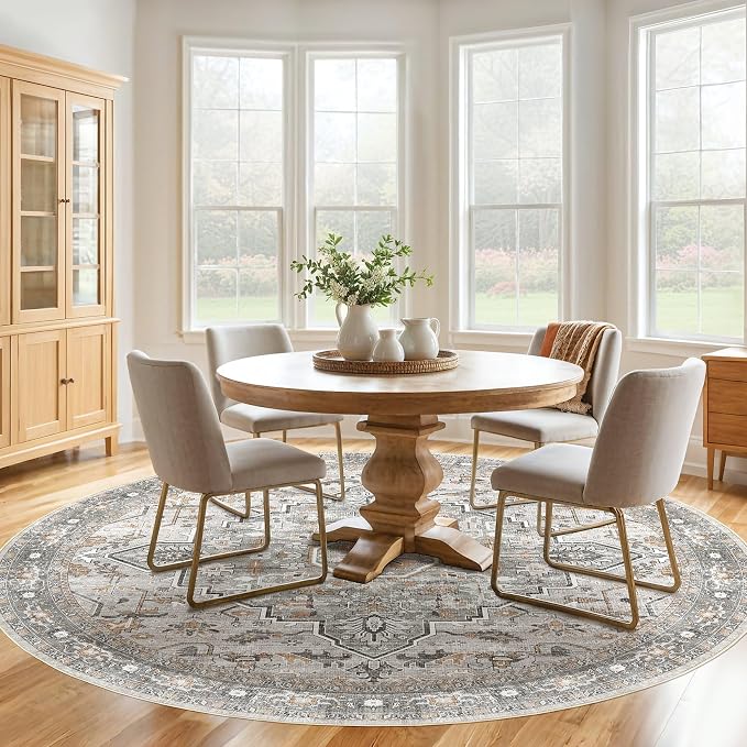Round Rug Living Room Rugs: 10x10 Washable Boho Neutral Large Circle Soft Indoor Floral Stain Resistant Floor Farmhouse Carpet for Bedroom Nursery Kids Playroom Office Dining Room- Taupe