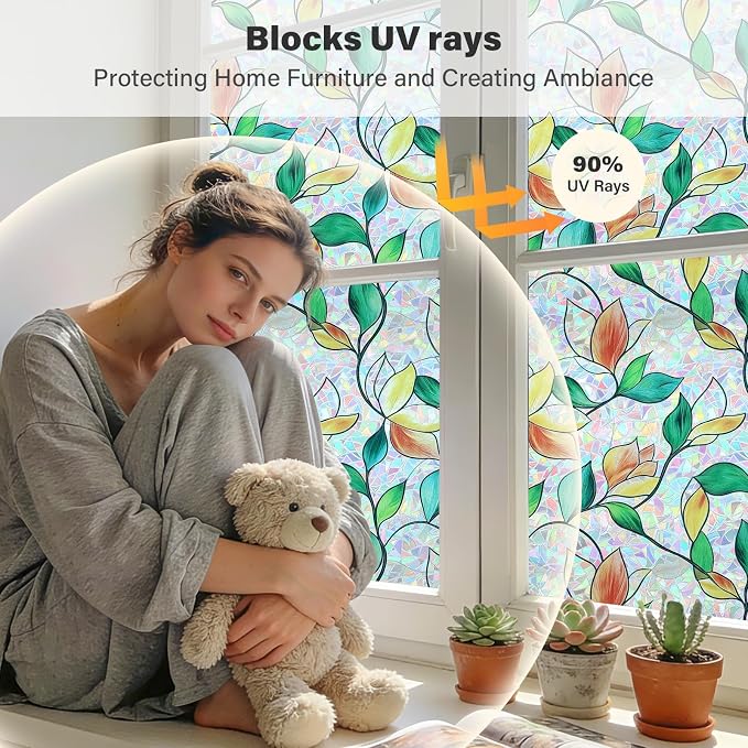 Finnez Rainbow Stained Glass Window Privacy Film, Static Cling No Glue, UV Blocking & Heat Control, Removable & Reusable for Home Office Bathroom Door (Stained Leaf, 23.6" x 157.4")