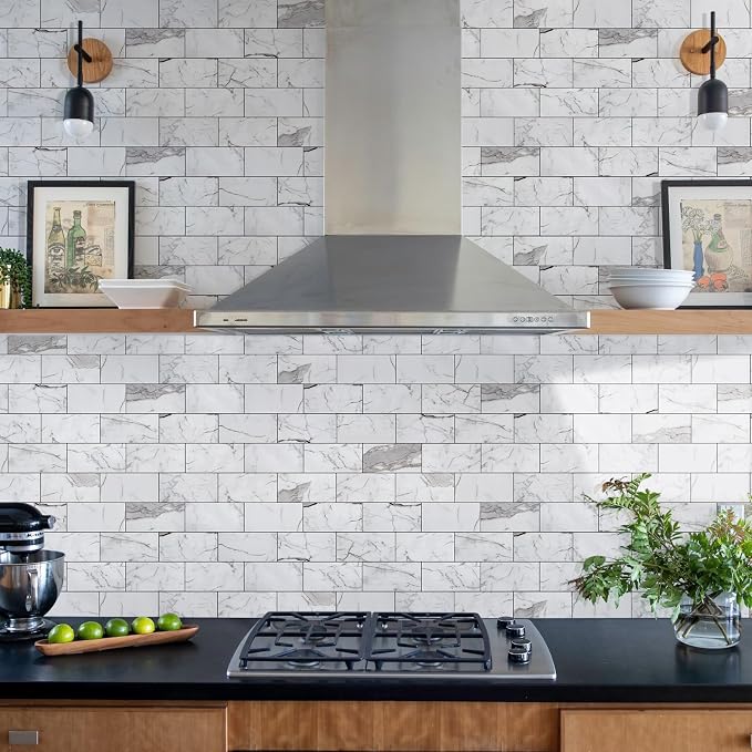 Vamos Tile 4-Piece Peel and Stick Backsplash Seamless Tile,3''x6'' Glossy Statury White with Dark Gray Grout Subway Tile,Stick on Backsplash for Kitchen/Bathroom/Laundry Room