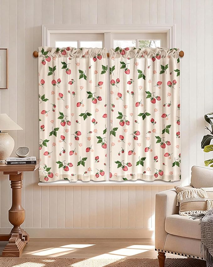 Miss Adola Farmhouse Kitchen Tier Curtains - 45 Inch Length Linen Blend Country Cafe Curtains Strawberry Small Window Treatments Over Sink Rod Pocket for Bathroom Living Room Light Filtering, 2 Panels