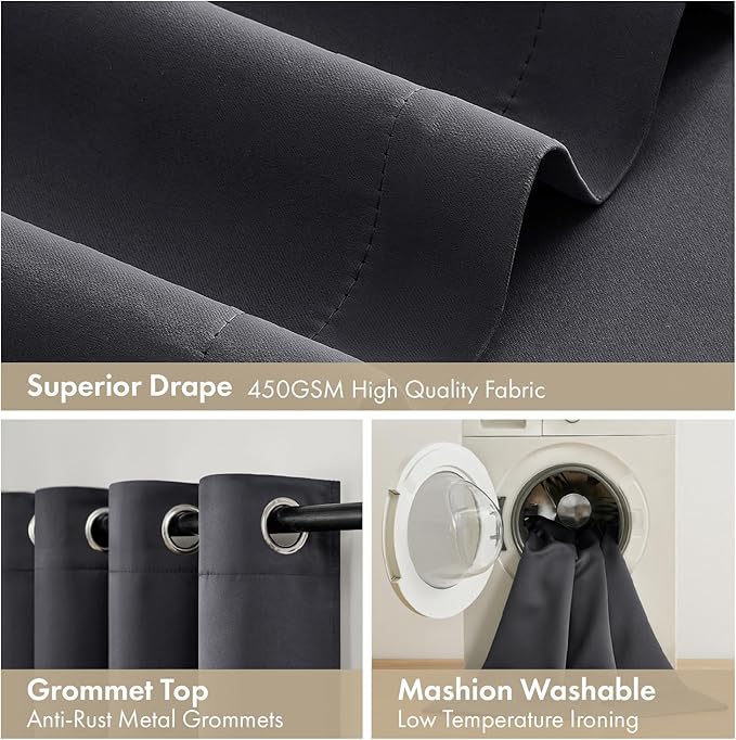 MIULEE Grey 100% Blackout Curtains for Bedroom 90 Inch Long, 2 Thick Layers Thermal Insulated Black Out Window Curtains with Black Liner, Noise Reducing Grommet Living Room Drapes 2 Panels Set