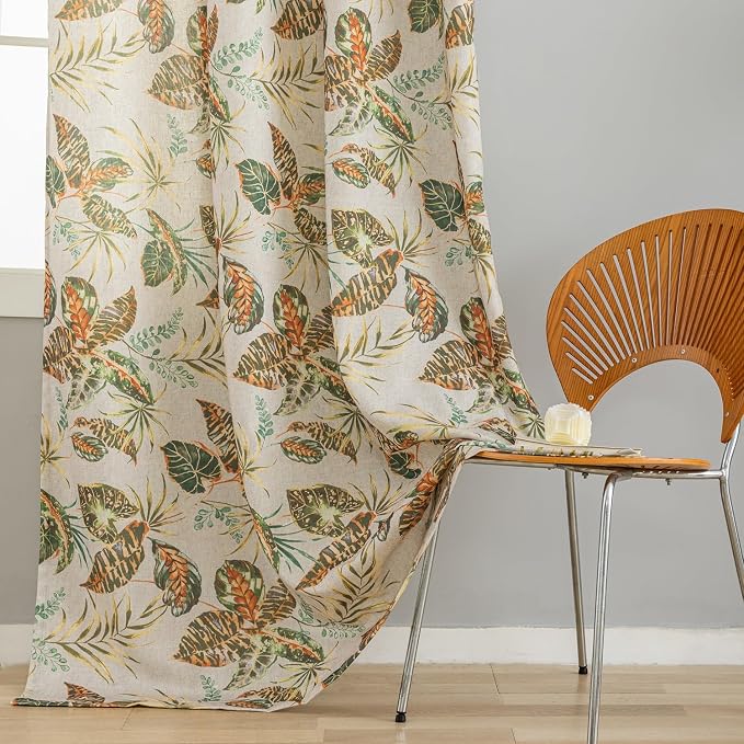 ALIGOGO Linen Botanical Curtains - 96" Long for Living Room - Tropical Leaves Pattern - Semi-Sheer - Cottage Core - Privacy Protect - French Country - Moody - 50" W x 96" L