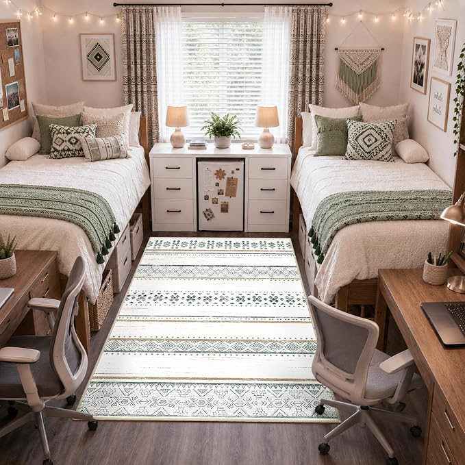 BESTSWEETIE 4x6 Area Rugs for Living Room Washable Moroccan Farmhouse Neutral Geometric Low Pile Non-Slip Soft Print Pattern Rug for Bedroom Kitchen Dining Room Entryway Green/Brown