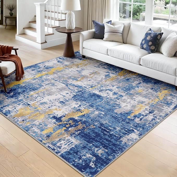 RELEANY Washable Area Rugs Square 8ft Non-Slip Modern Abstract Soft for Living Room Entryway Bedroom Kitchen, Print Pattern, Grey Blue Gold/Golden