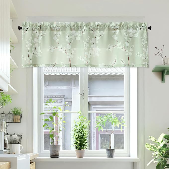 FMFUNCTEX Green Window Valance Curtains for Living Room White Floral Print on Canvas Kitchen Valance for Bathroom Basement Window Top Botanical Blossom 54” W x 15" L 1 Panel