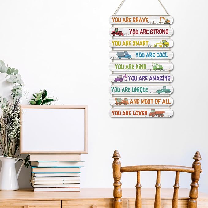 MONALET Construction Car Inspirational Wall Decor for Boys Kids Room Playroom Nursery Classroom, You Are Loved Hanging Wooden Signs Decorations, Positive Affirmations Wall Art Wood Plaque 9Pcs 12x19