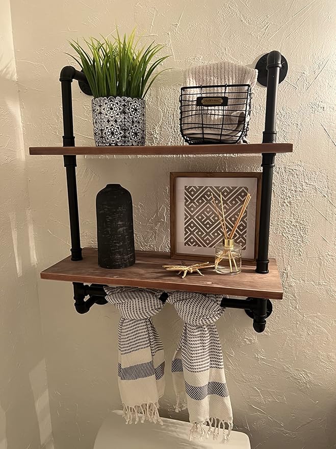 ROGMARS Industrial Pipe Shelf Floating Shelves Bathroom Pipe Shelving | Farmhouse Bathroom Shelves With Towel Bar Towel Rack over Toilet Industrial Shelf Rustic Wall Wood Shelves 19.7 Inch