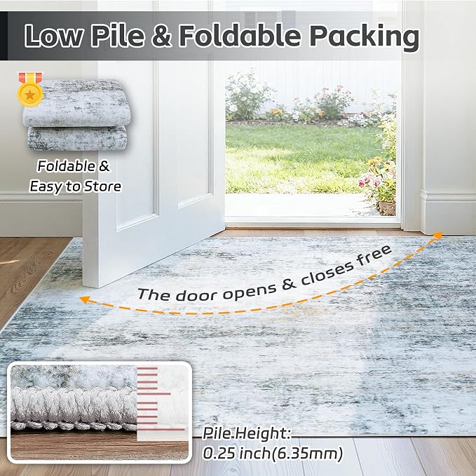 10x12 Area Rugs Washable Rug: Anti-Skid Abstract Modern Living Room Rug Soft Thin Carpets Indoor Floor Non-Shedding Carpet for Bedroom Dining Nursery Home Office (Blue/Grey/Gold/White,10'x12')