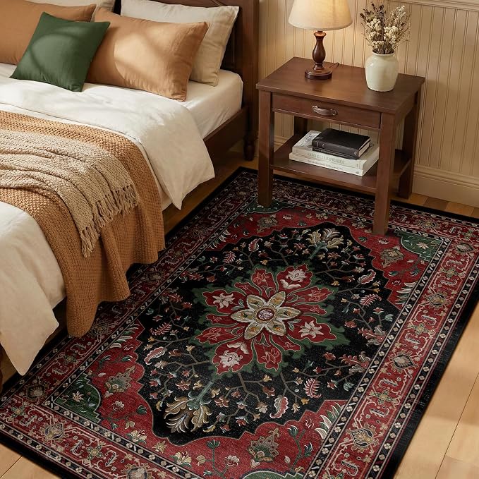 RELEANY Area Rugs 3'x4' Washable Non-Slip, Floral Vintage Distress Medallion Carpet for Living Room Bedroom Dining Room, Red Black