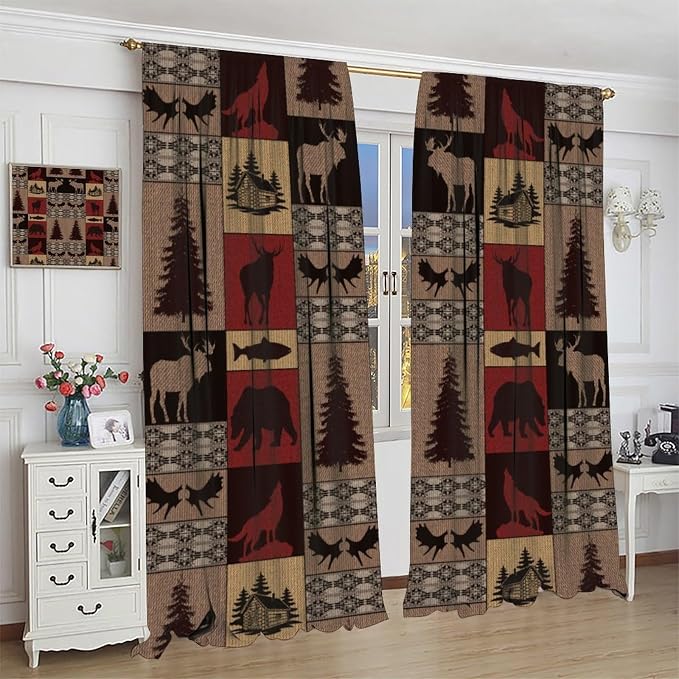 Retro Animal Blackout Curtains for Kitchen Rural Retro Old Forest Hunting Cabin Farmhouse Deer Elk Wolf Bear Wildlife Vintage Windows Treatments for Bedroom Living Room 42x45in
