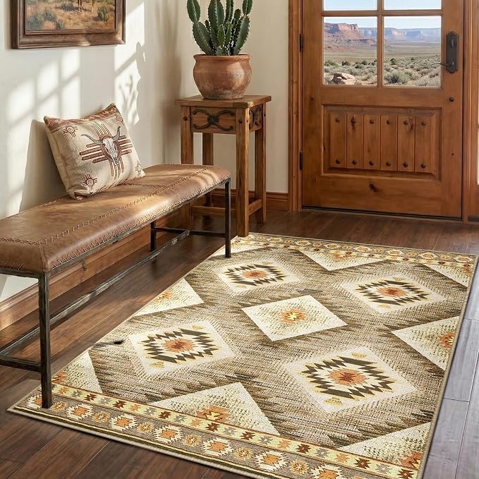 BESTSWEETIE Area Rug 4x6 Rug Machine Washable Non-Slip Low Pile Print Pattern Western Rug for Living Room Bedroom Entryway Tribal Series -Cream/Camel