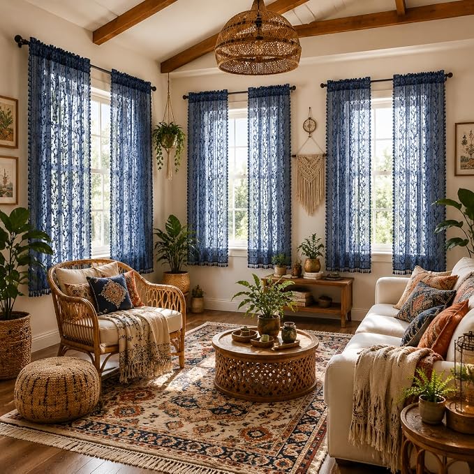 WAZZIO Boho Lace Curtains 2 Panels 84 Inch -Victorian Sheer Panel Drape French Country Floral Pattern & Tassel Light Filtering Privacy for Bedroom Dining Living Room,Coastal Decor,Navy Blue,W52x L84