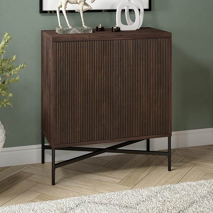 Henn&Hart 28" Fluted Accent Cabinet, Ribbed Modern Sideboard Buffet Cabinet with 2 Doors and an Adjustable Shelf for Living Room, Dining Room, Bedroom or Entryway, Rich Brown