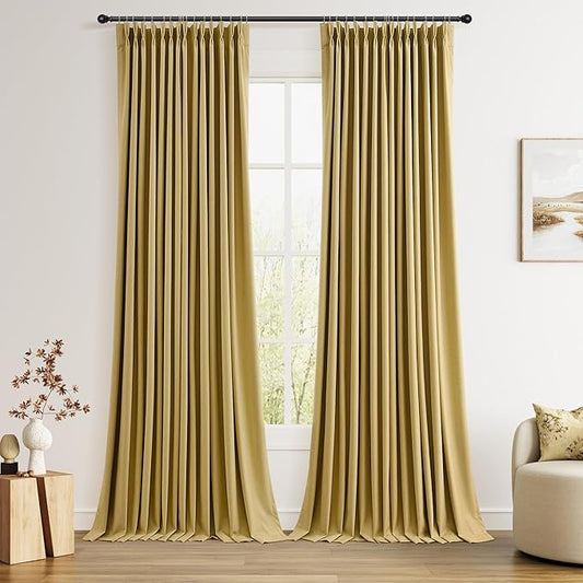 Joywell Gold 100% Blackout Pinch Pleat Linen Curtains 110 Inch Long 2 Panels Insulated Thermal Full Blackout Drapes for Bedroom Living Room Darkening Cottage Farmhouse Pinch Pleated Curtains 40x110