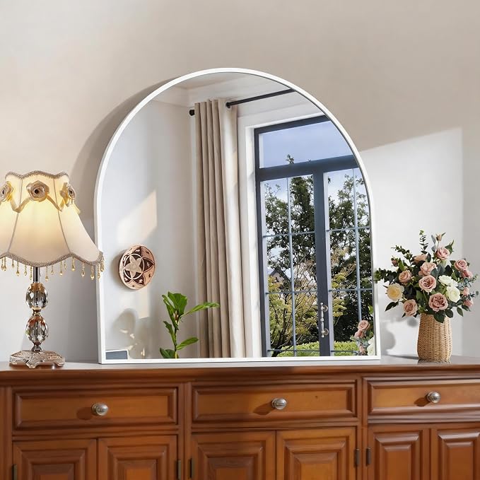 CIRCUMI Arched Wall Mirror, 30"x30" White Arched Mirror with Tempered Glass, Metal Frame, Large Size for Entryway Table, Mantel,Living Room,Over Sink,Arch Mirror for Decor,Shatterproof&Crystal-Clear