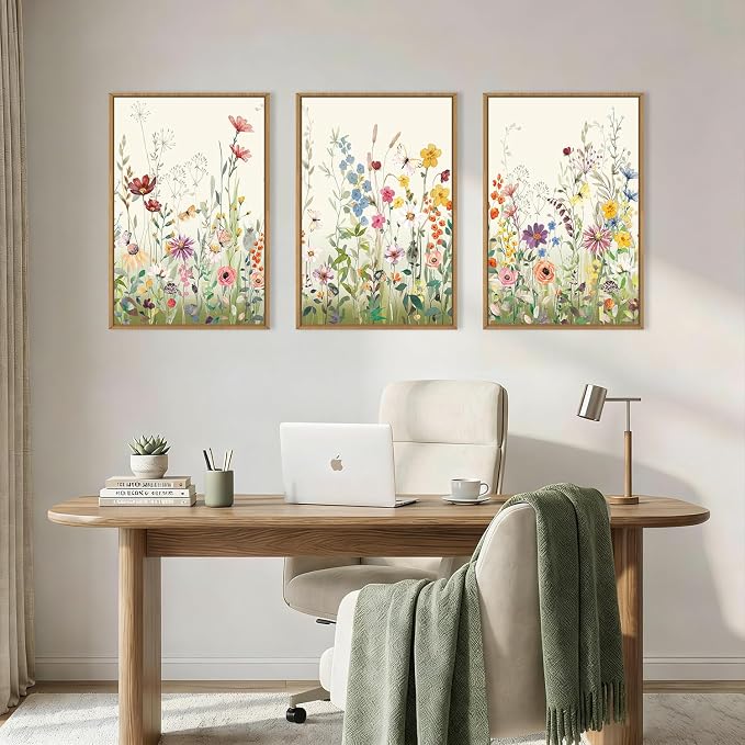 Large Watercolor Colorful Wildflower Framed Canvas Wall Art Set,Modern Natural Floral Botanical Wall Decor,Vibrant Flower Butterfly Landscape Artwork for Living Room, Bedroom,Office- 16"x24"x3