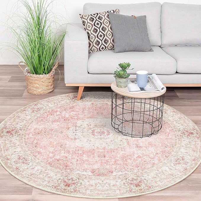 Pink Round Rug 5ft, Circle Boho Area Rugs for Bedroom Living Room,Washable Vintage Bohemian Distressed Oriental Floral Carpet Non Slip,Blush 5'x5'
